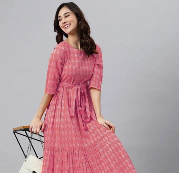 Women Fit and Flare Pink, Calf Length Dress White Midi