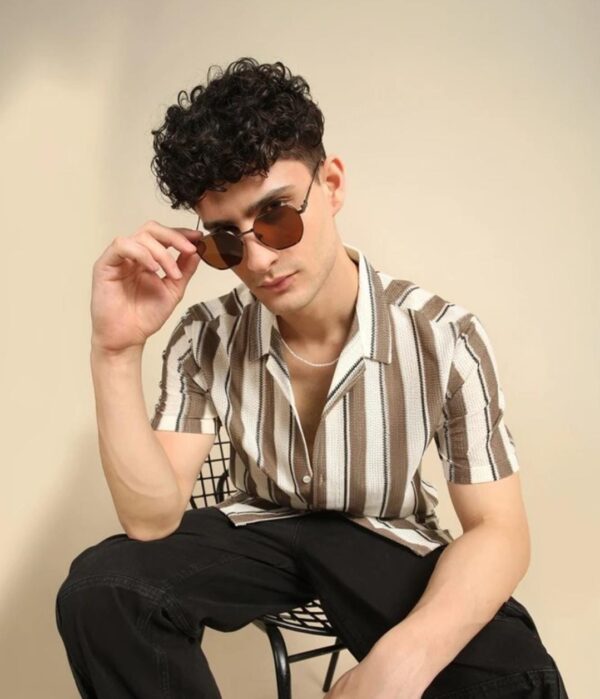 Men Regular Fit Striped Casual Shirt Lapel Collar